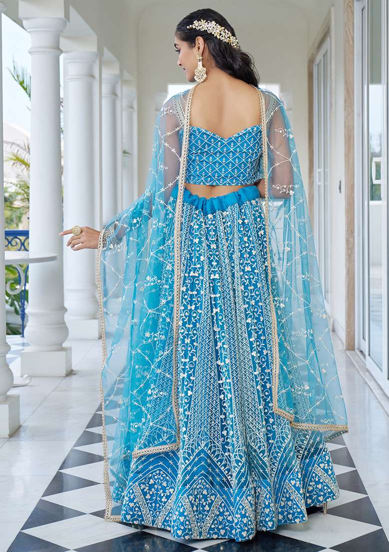 Sky Blue Thread Embroidered Net Lehenga Set for Diwali and Festive Wear - Indya