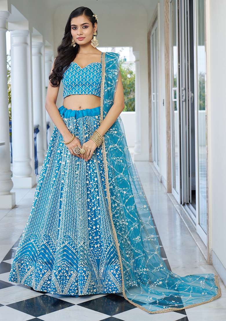Sky Blue Thread Embroidered Net Lehenga Set for Diwali and Festive Wear - Indya