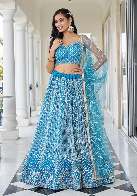 Sky Blue Thread Embroidered Net Lehenga Set