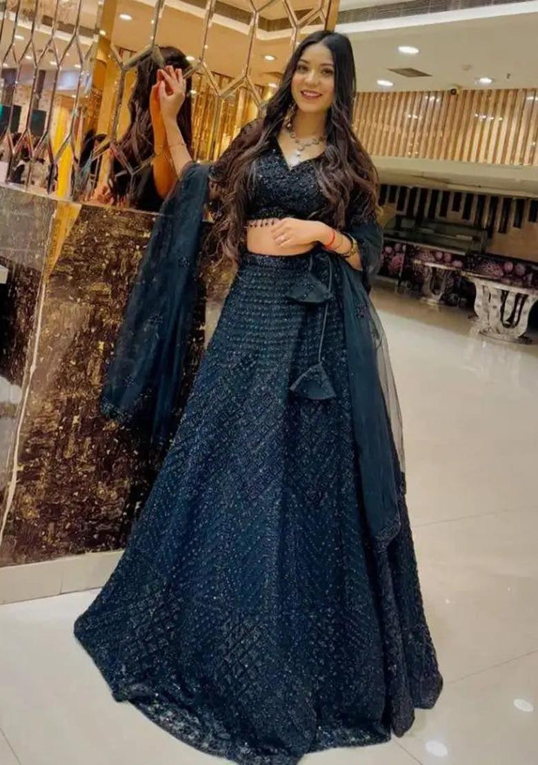 Multi Color Embroidered Net Lehenga Set With Dupatta - Indya