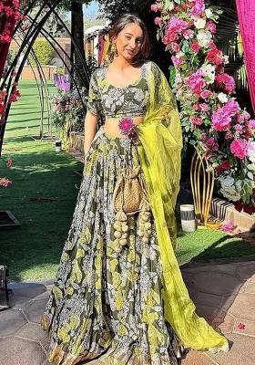 Multi Color Embroidered Chinon Lehenga Set With Dupatta