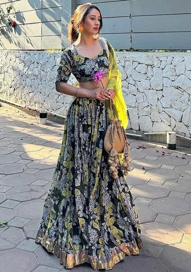 Multi Color Embroidered Chinon Lehenga Set With Dupatta - Indya