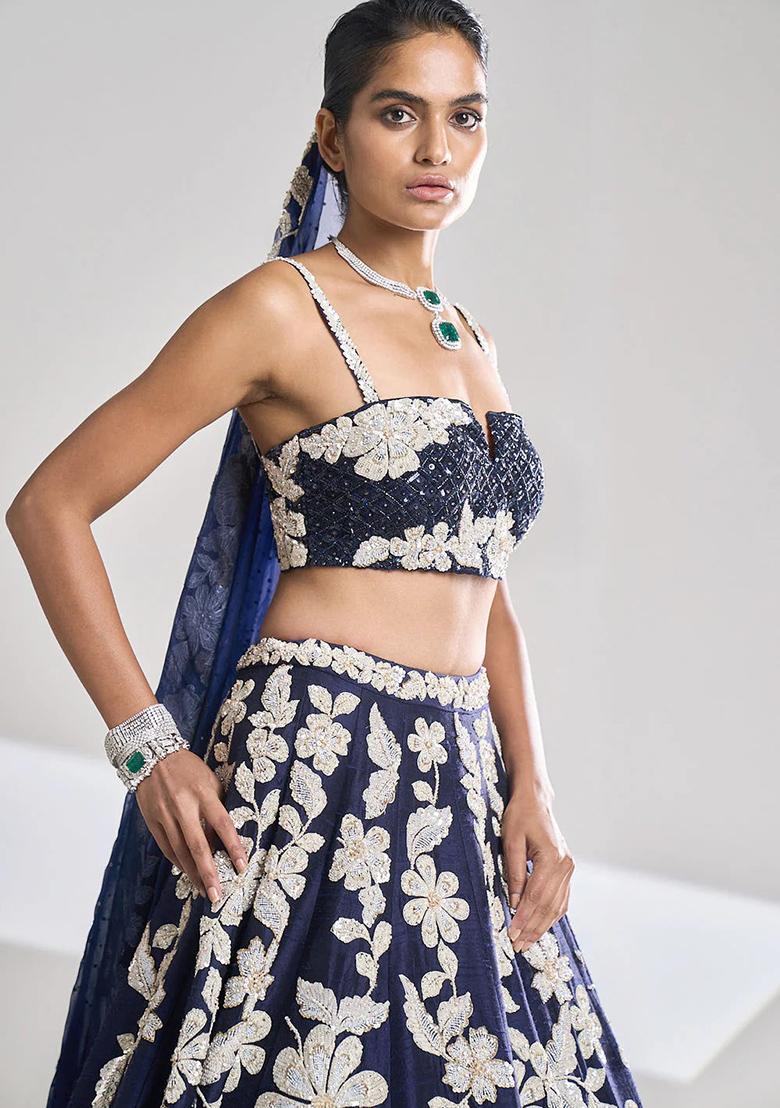 Multi Color Embroidered Georgette Lehenga Set With Dupatta - Indya