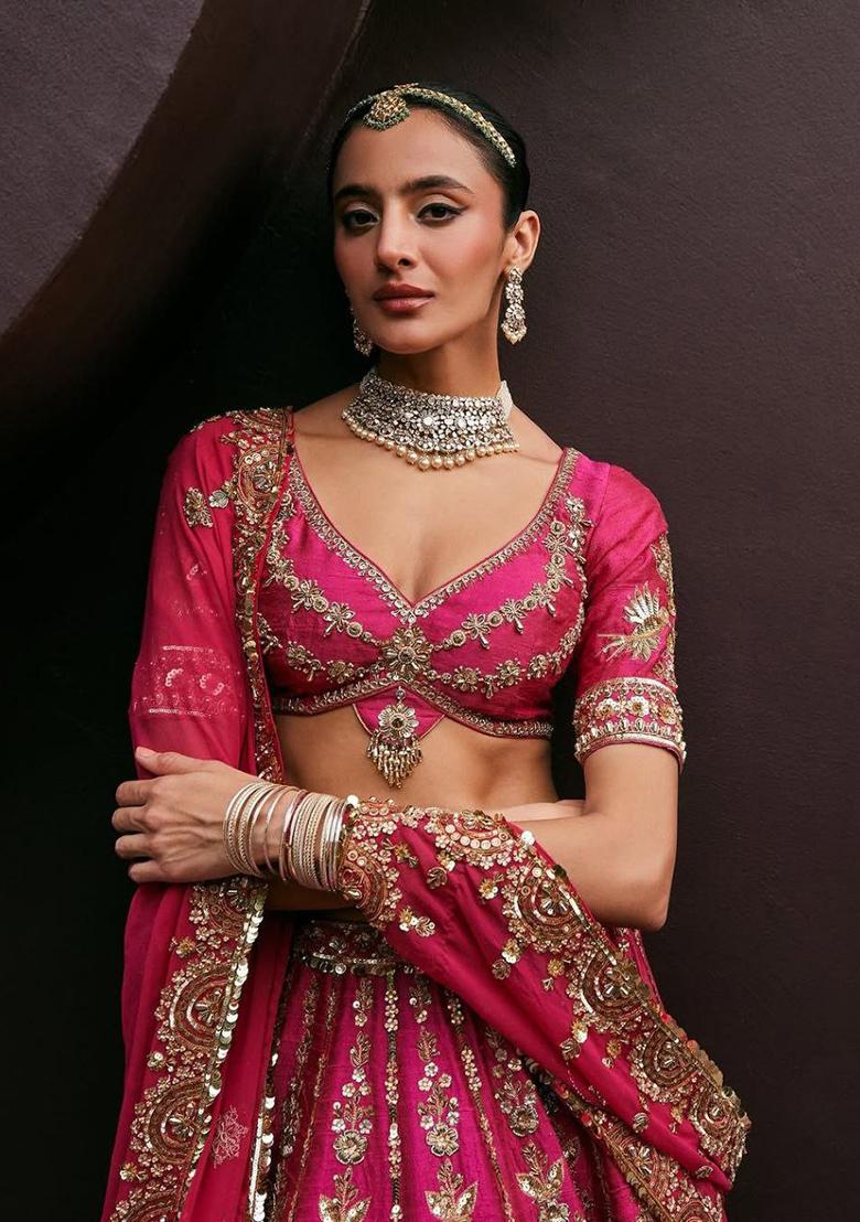 Multi Color Embroidered Silk Lehenga Set With Dupatta - Indya