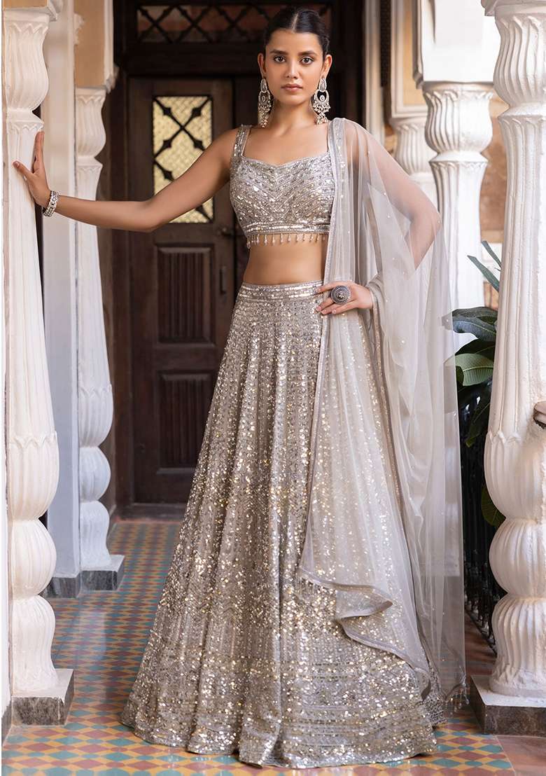 Silver Embroidered Silk Blend Lehenga Set With Dupatta for Diwali and Festive Wear - Indya