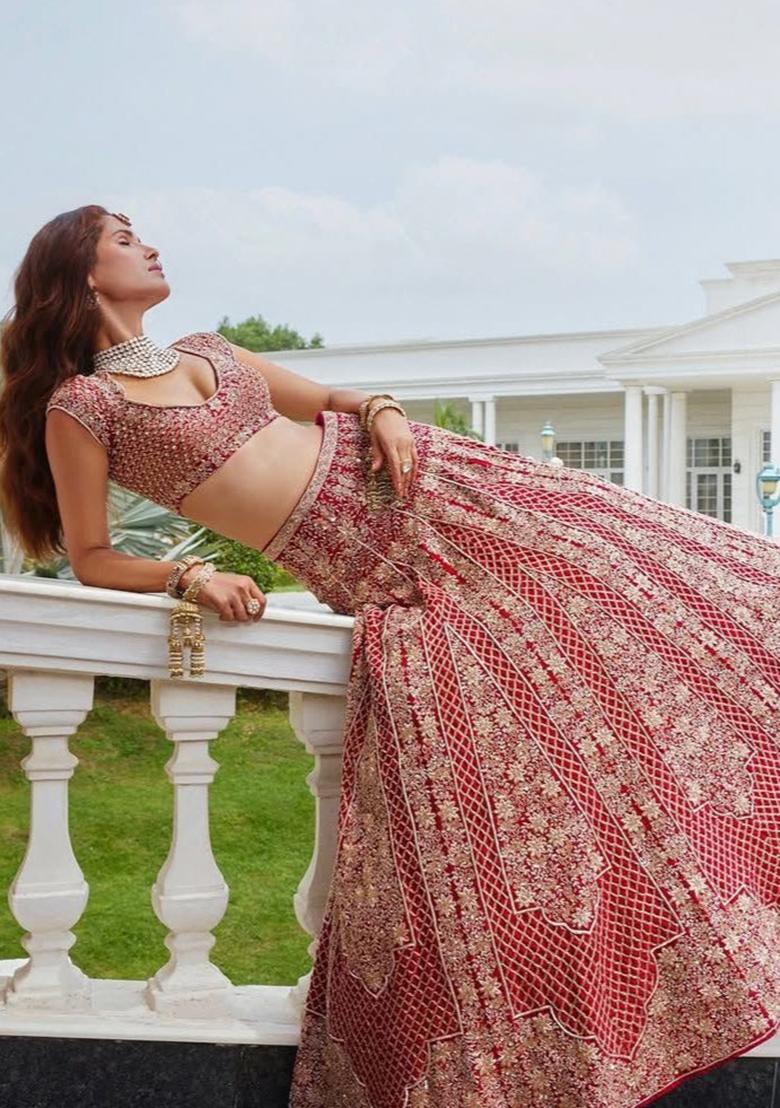 Multi Color Embroidered Net Lehenga Set With Dupatta - Indya