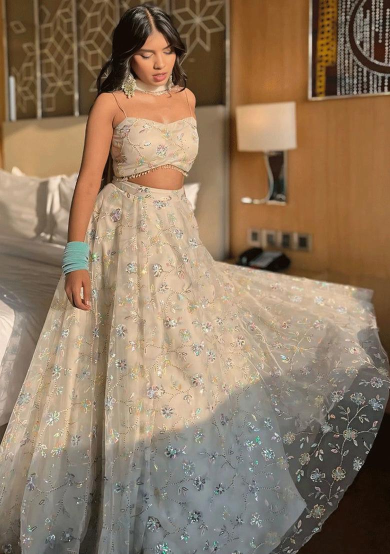 Multi Color Embroidered Silk Lehenga Set With Dupatta - Indya