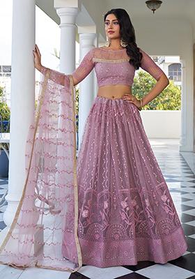 Dusty Pink Thread Embroidered Net Lehenga Set