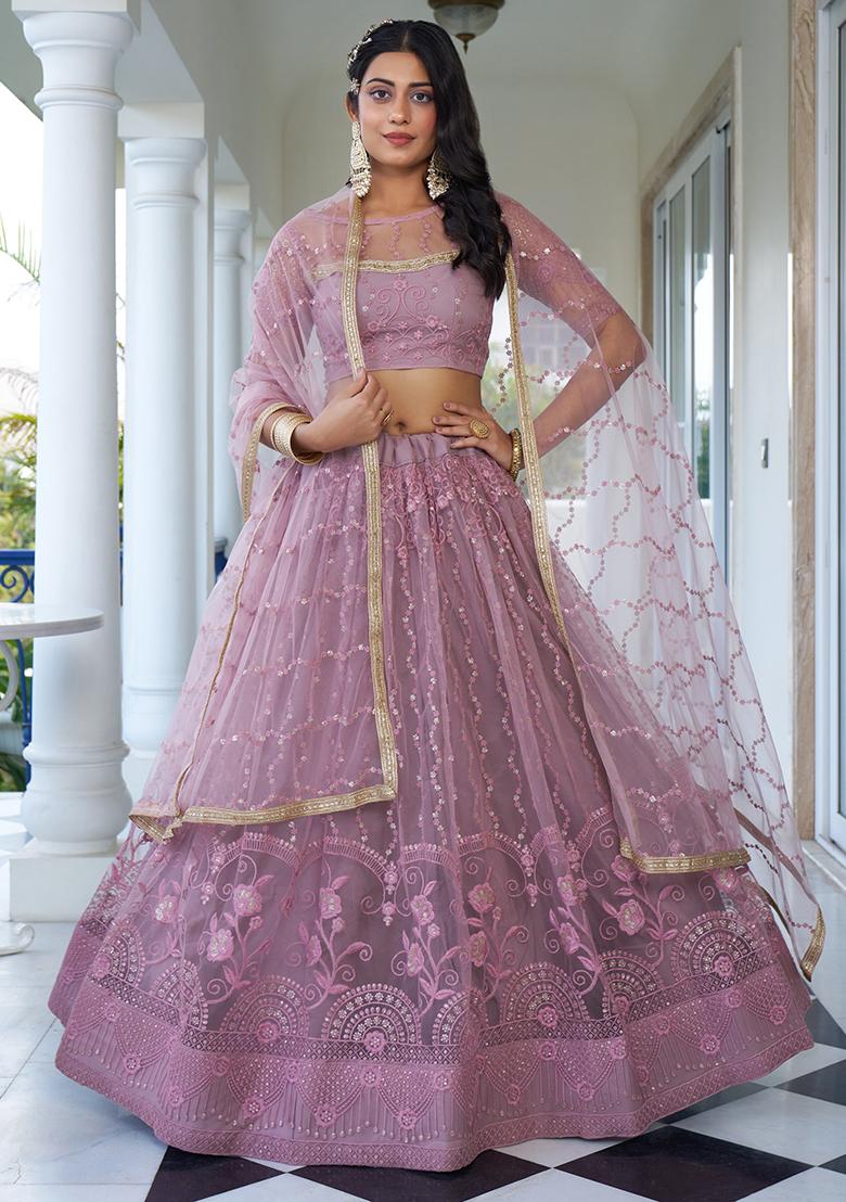 Dusty Pink Thread Embroidered Net Lehenga Set - Indya