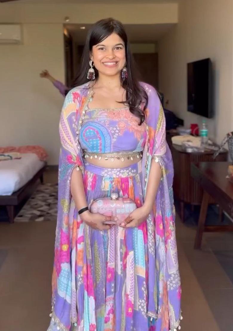 Multi Color Printed Chinon Lehenga Set With Dupatta - Indya