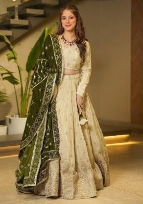 Multi Color Embroidered Chinon Lehenga Set With Dupatta