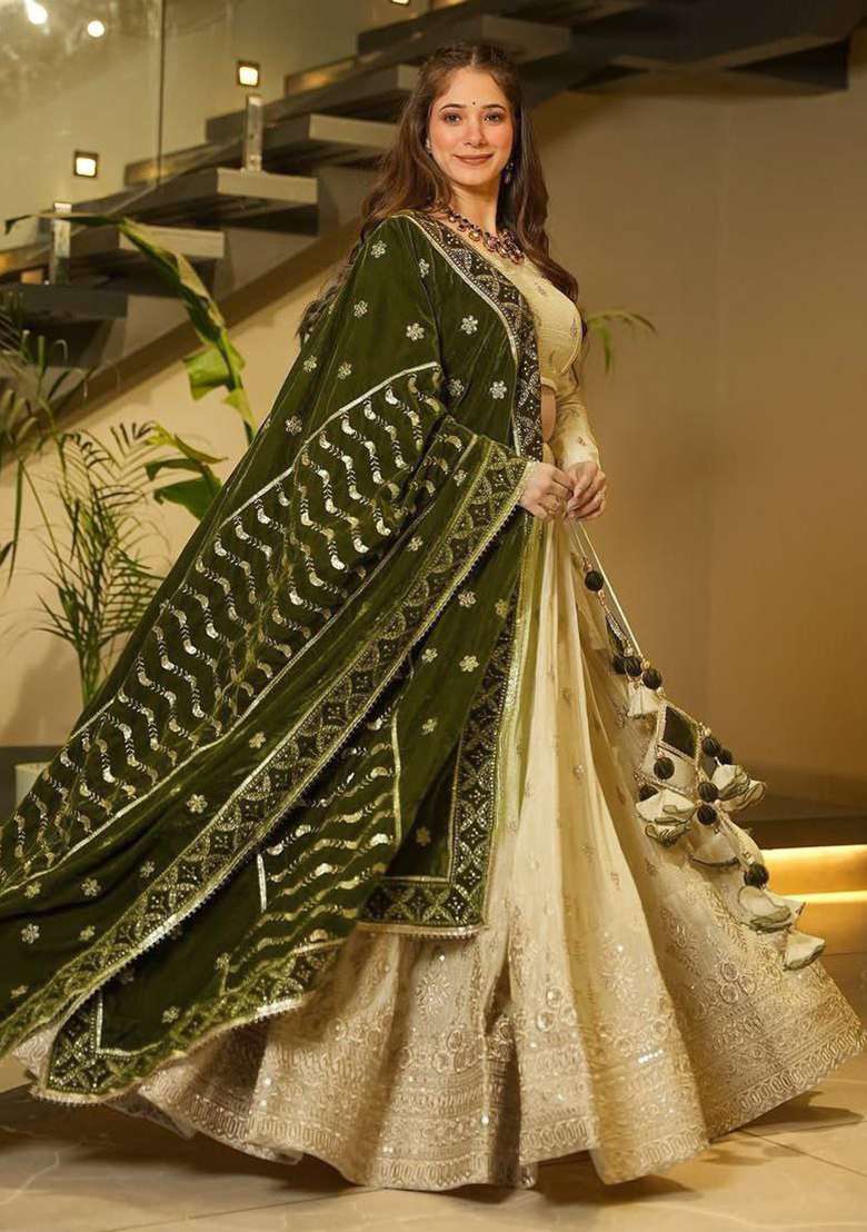 Multi Color Embroidered Chinon Lehenga Set With Dupatta - Indya