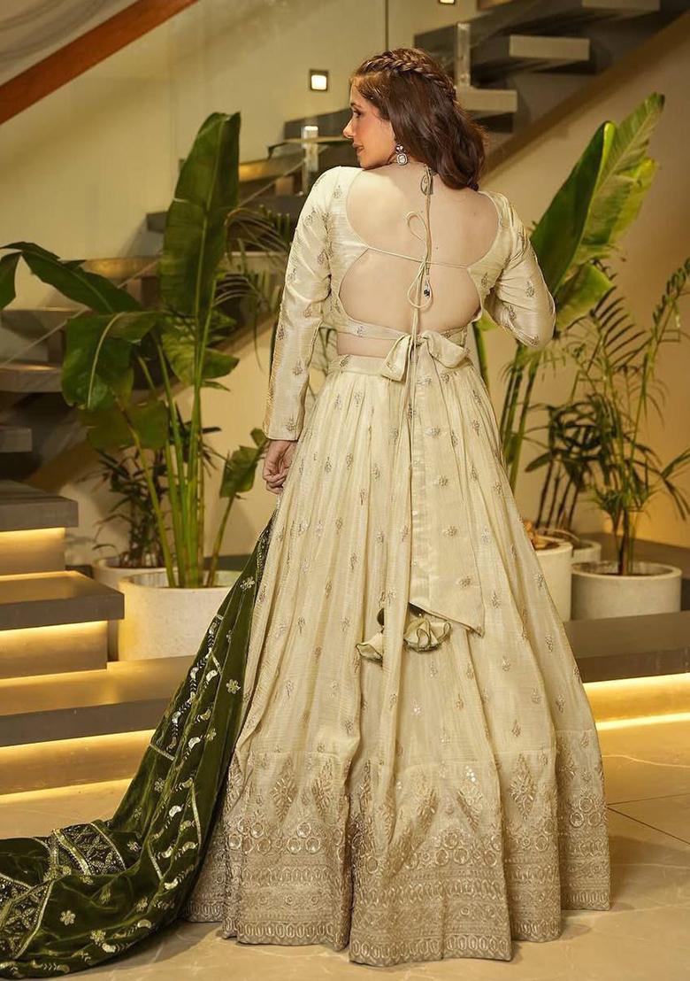 Multi Color Embroidered Chinon Lehenga Set With Dupatta - Indya