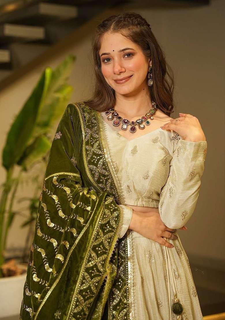 Multi Color Embroidered Chinon Lehenga Set With Dupatta - Indya