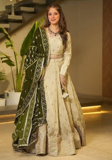 Multi Color Embroidered Chinon Lehenga Set With Dupatta