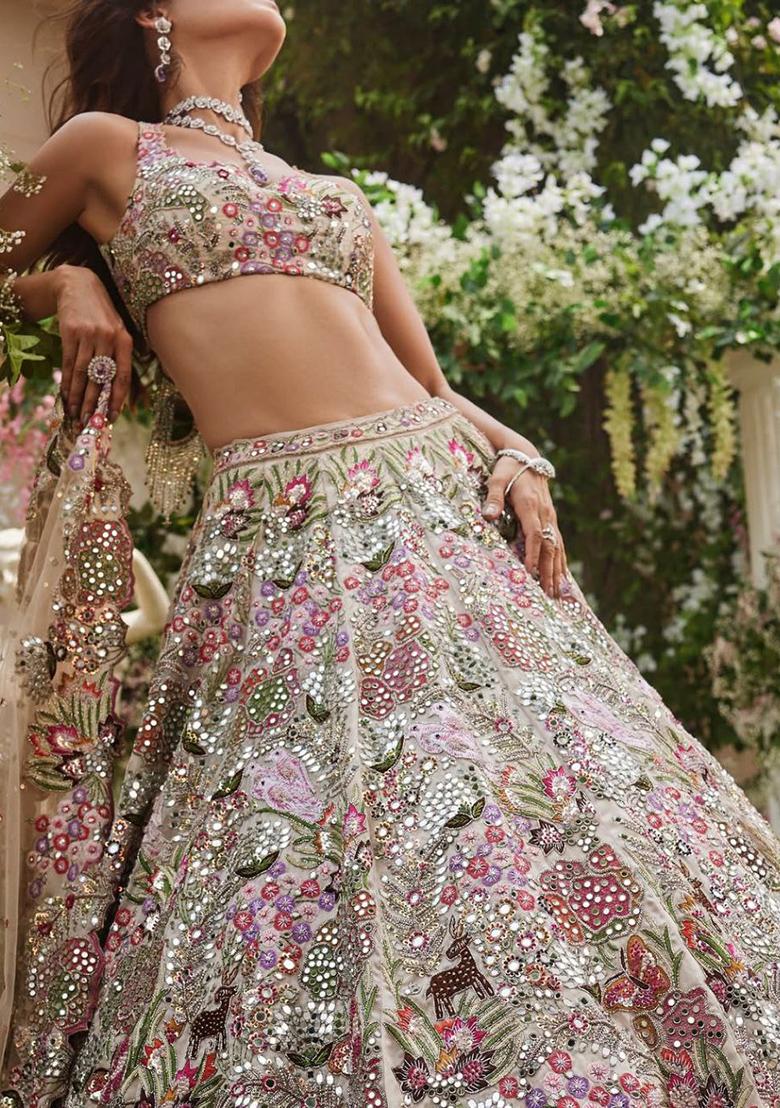 Multi Color Embroidered Georgette Lehenga Set With Dupatta - Indya