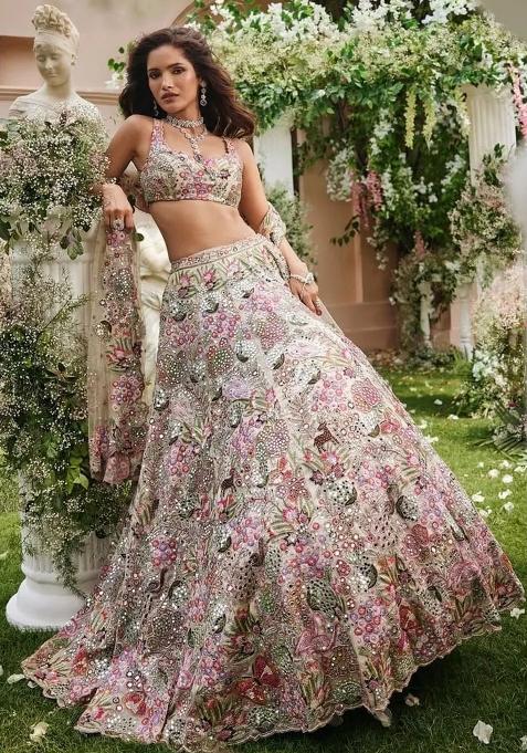 Multi Color Embroidered Georgette Lehenga Set With Dupatta