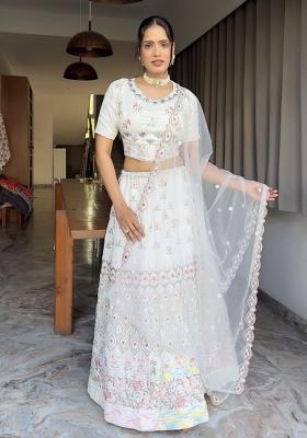 Multi Color Embroidered Georgette Lehenga Set With Dupatta