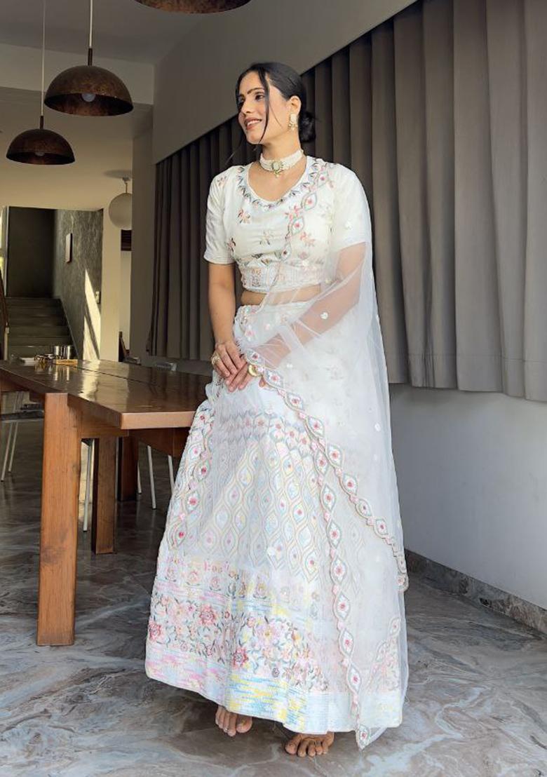 Multi Color Embroidered Georgette Lehenga Set With Dupatta - Indya