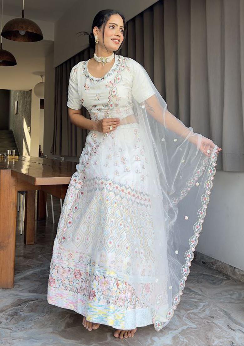 Multi Color Embroidered Georgette Lehenga Set With Dupatta - Indya
