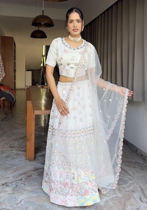 Multi Color Embroidered Georgette Lehenga Set With Dupatta