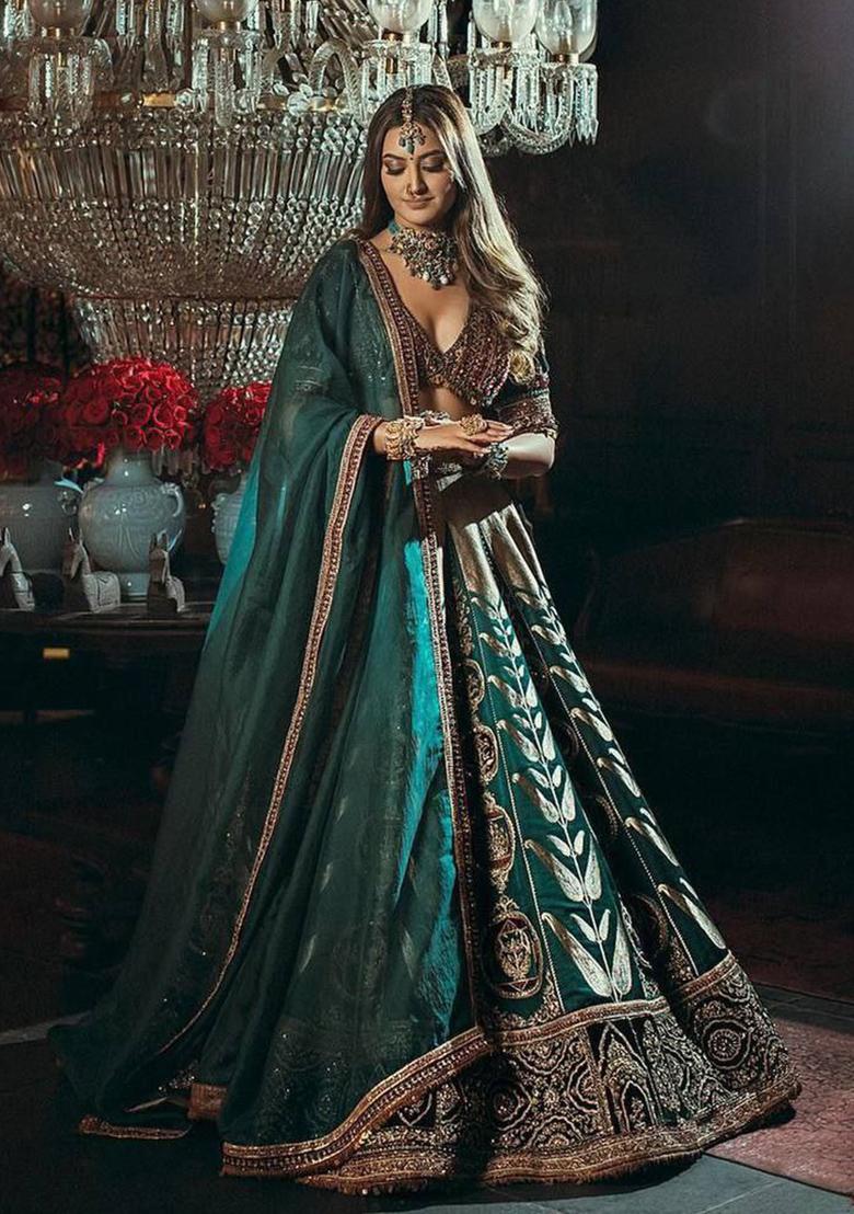 Multi Color Embroidered Silk Lehenga Set With Dupatta - Indya