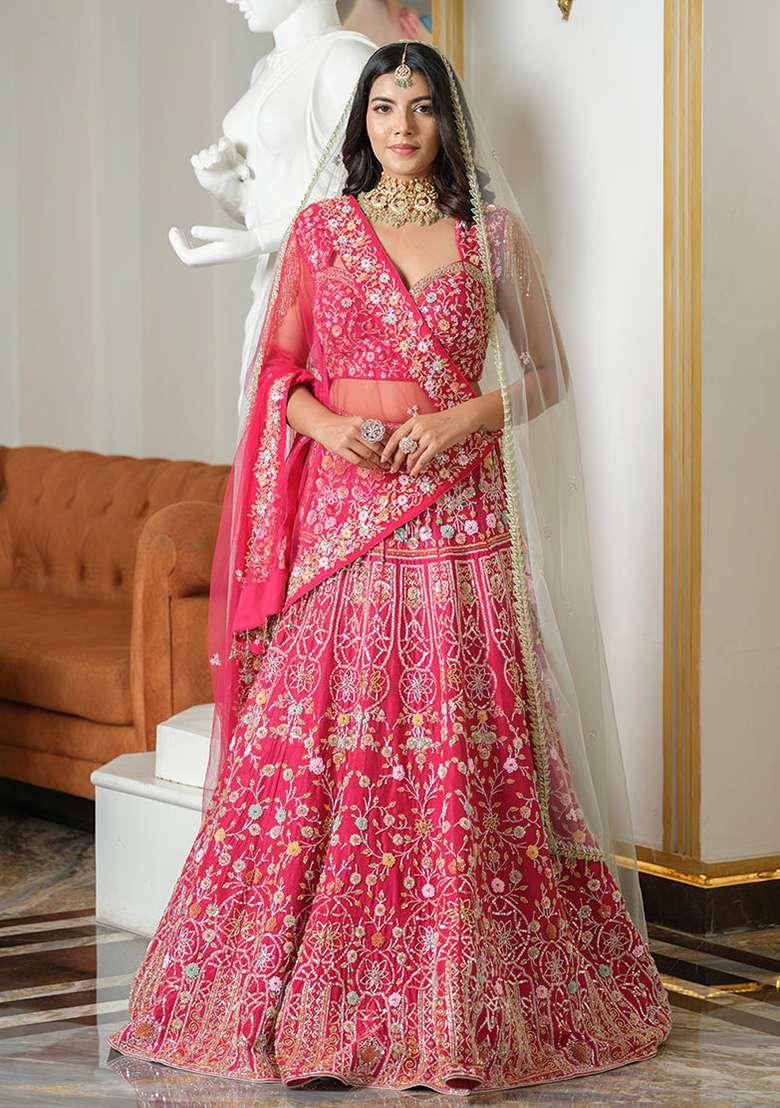 Multi Color Embroidered Silk Blend Lehenga Set With Dupatta for Diwali and Festive Wear - Indya
