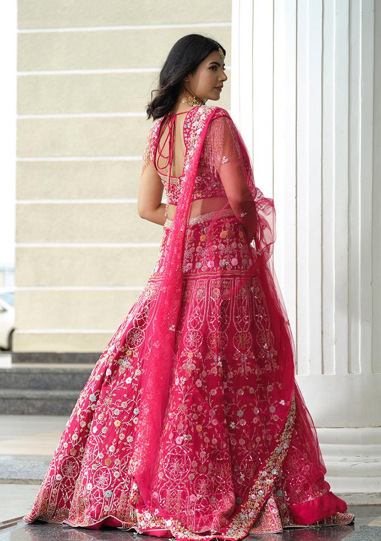 Multi Color Embroidered Silk Lehenga Set With Dupatta - Indya