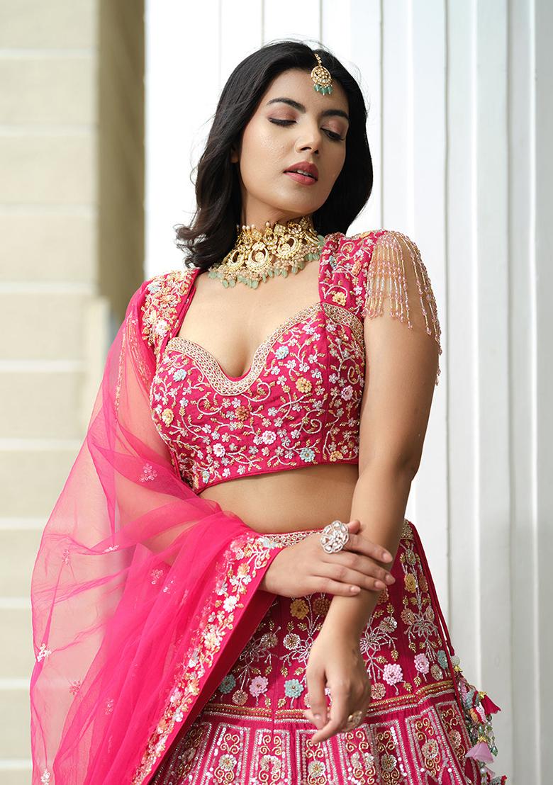 Multi Color Embroidered Silk Lehenga Set With Dupatta - Indya