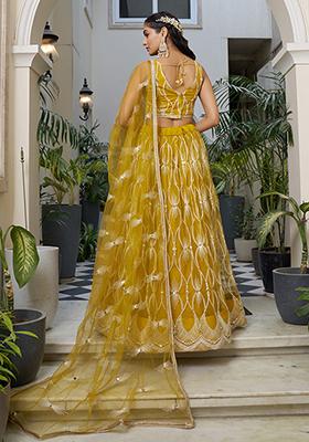 Yellow Thread Embroidered Net Lehenga Set