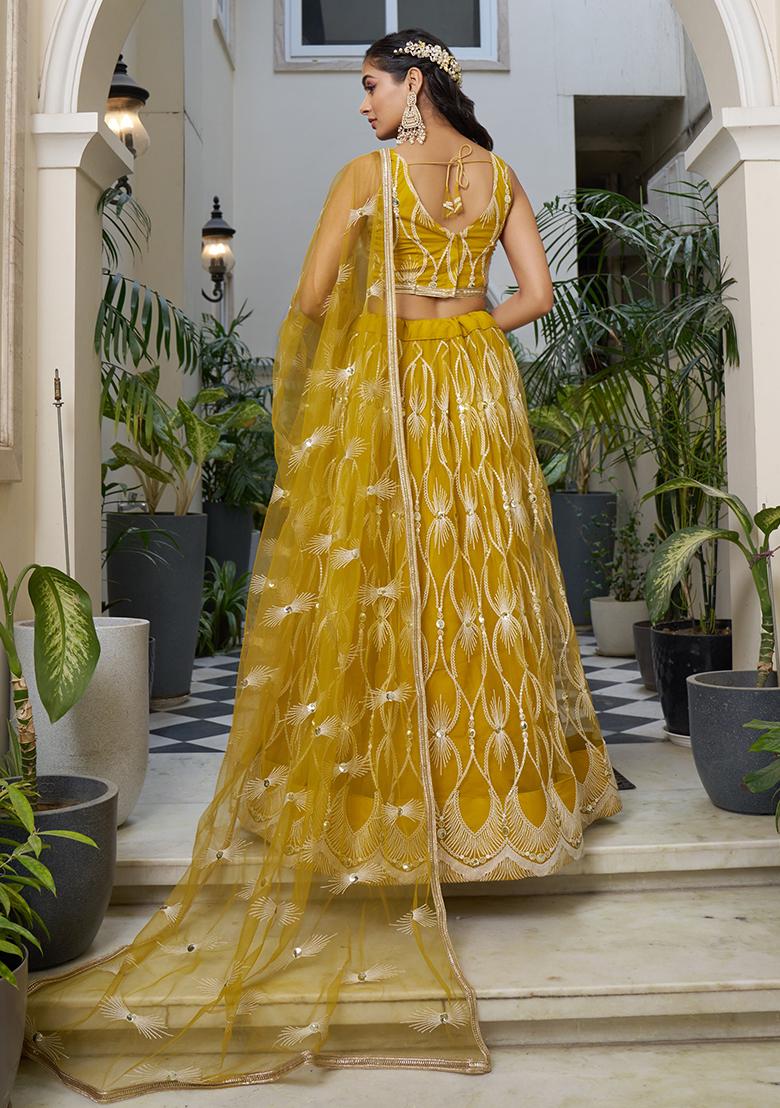 Yellow Thread Embroidered Net Lehenga Set