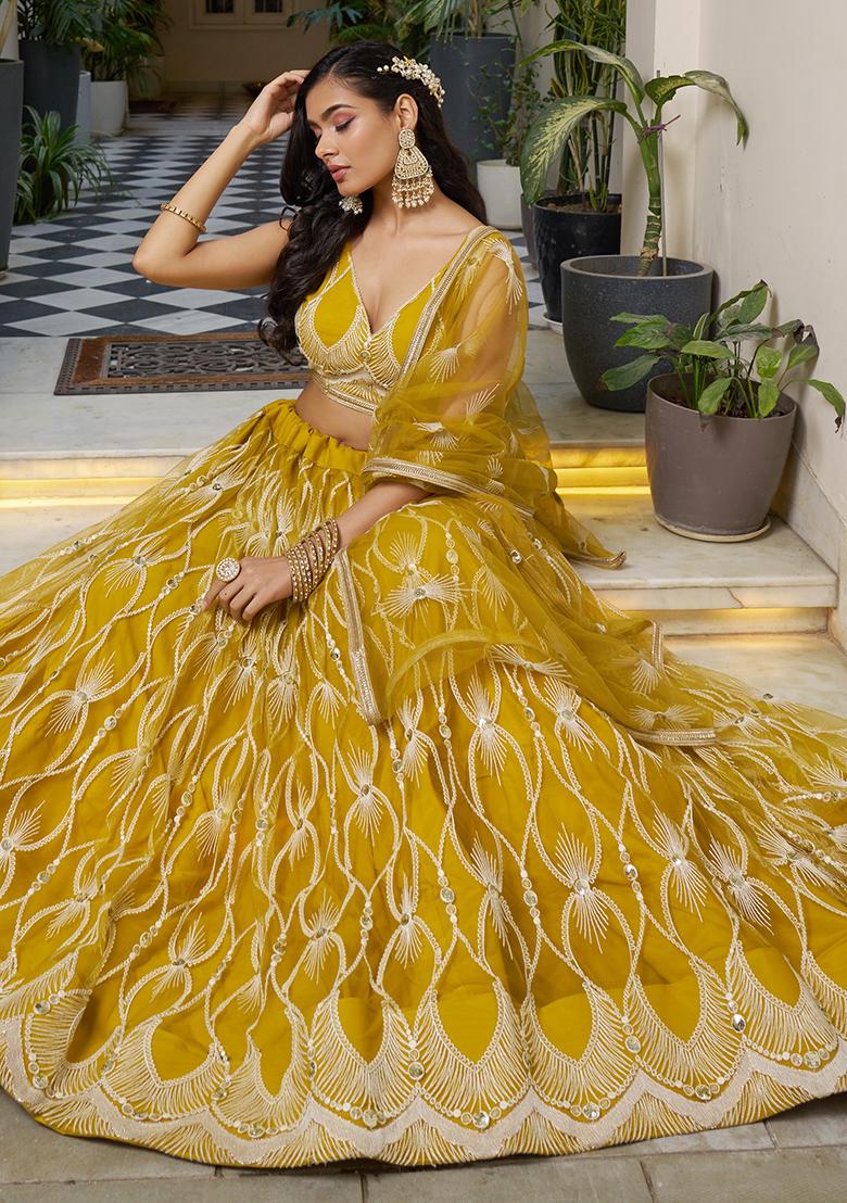 Yellow Thread Embroidered Net Lehenga Set