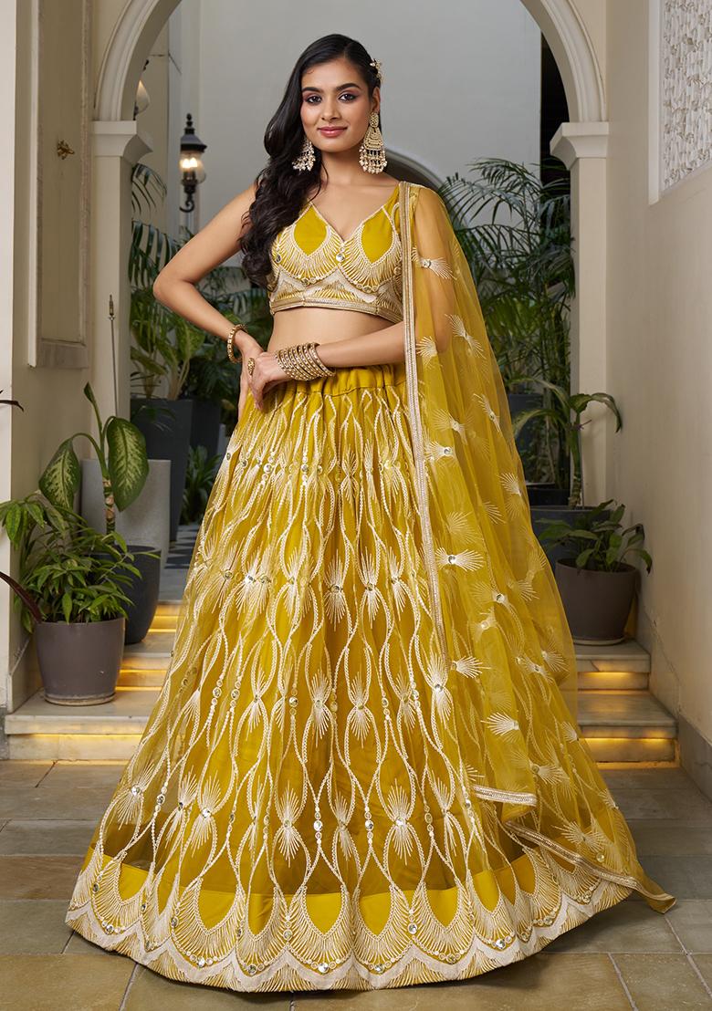 Yellow Thread Embroidered Net Lehenga Set