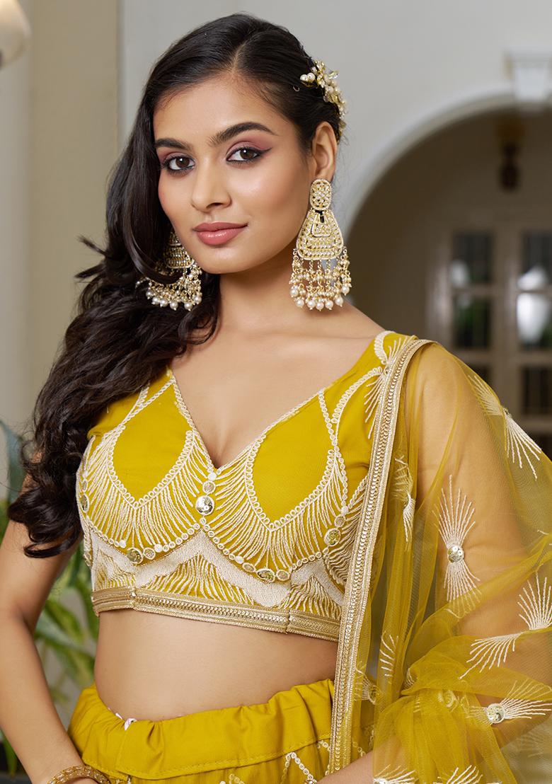 Yellow Thread Embroidered Net Lehenga Set