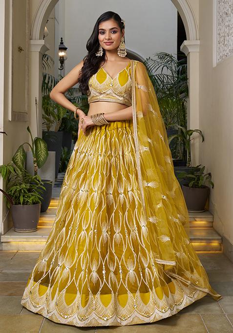 Yellow Thread Embroidered Net Lehenga Set
