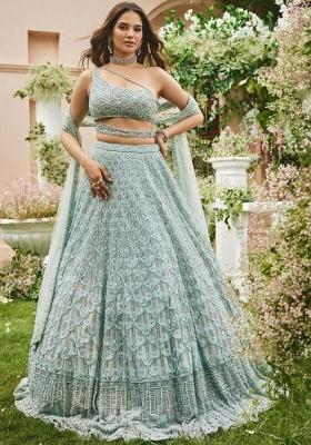 Multi Color Embroidered Silk Lehenga Set With Dupatta