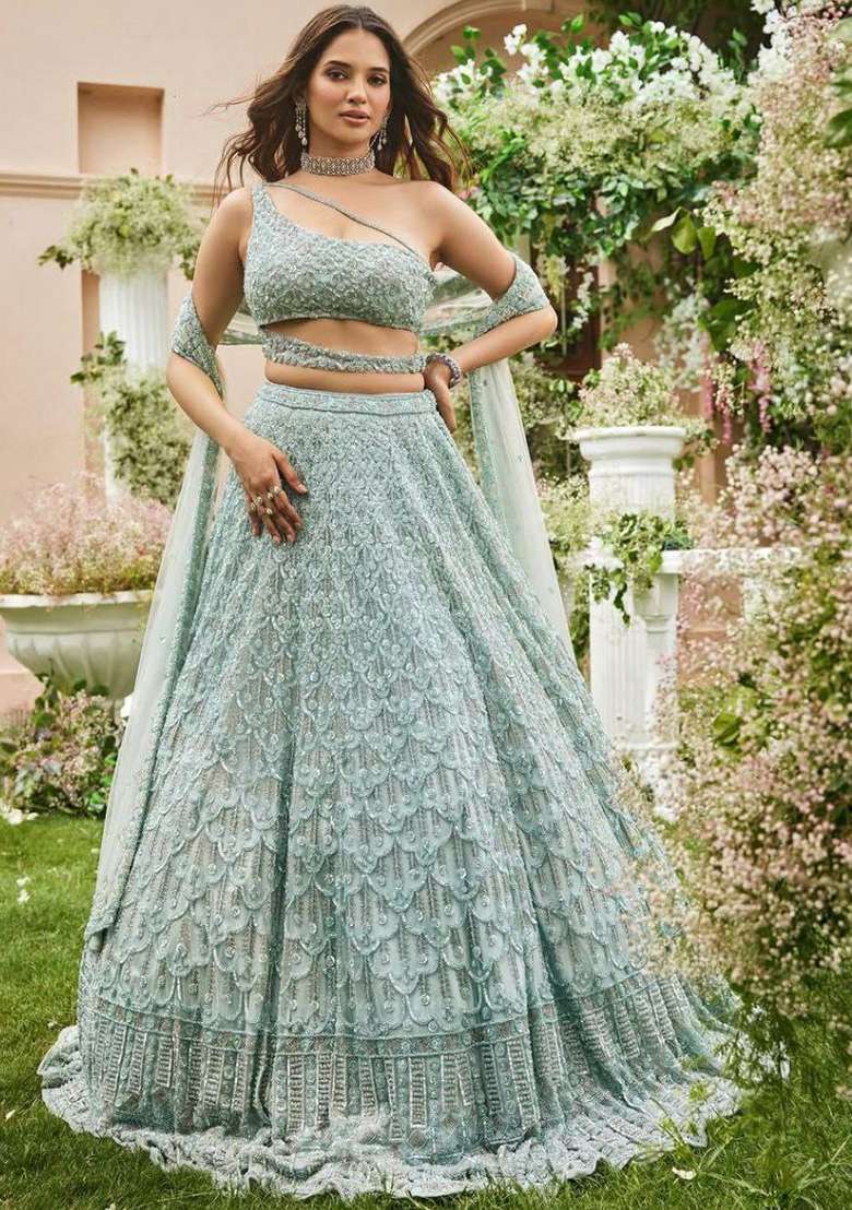 Multi Color Embroidered Silk Blend Lehenga Set With Dupatta - Indya