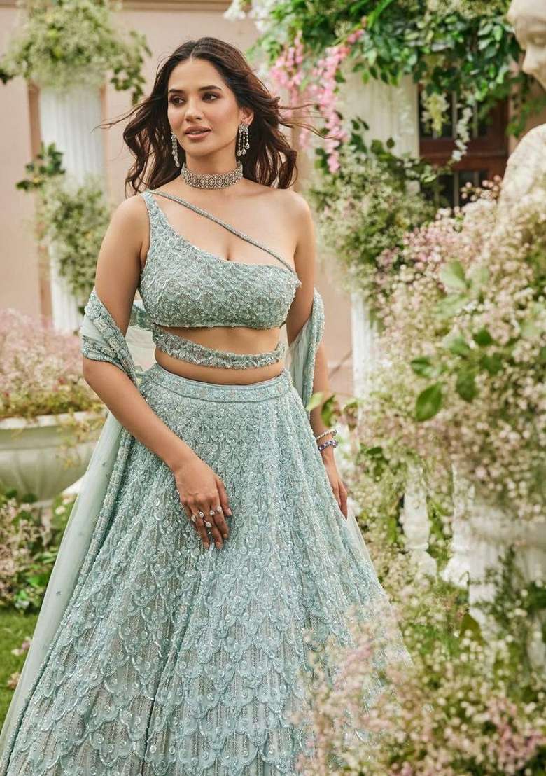 Multi Color Embroidered Silk Blend Lehenga Set With Dupatta - Indya