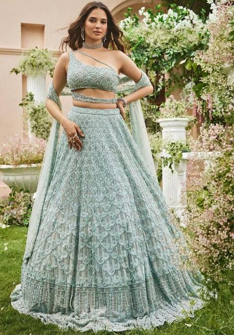 Multi Color Embroidered Silk Lehenga Set With Dupatta