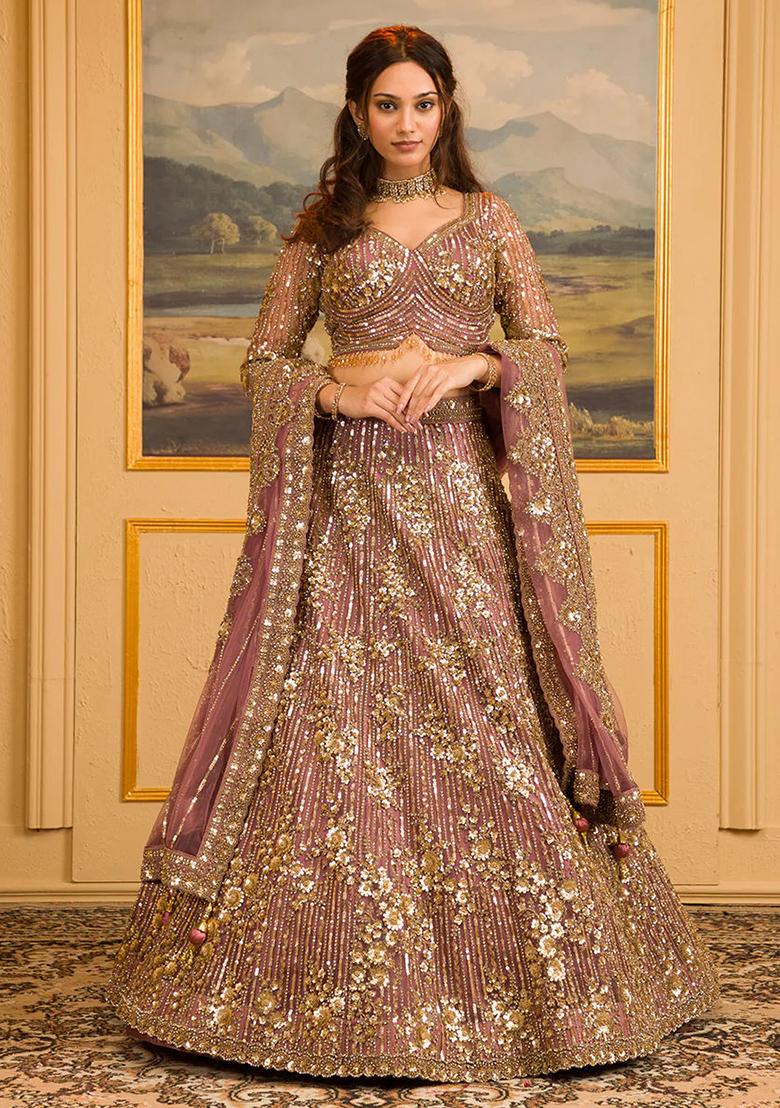 Multi Color Sequence Embroidery Georgette Lehenga Set With Dupatta - Indya