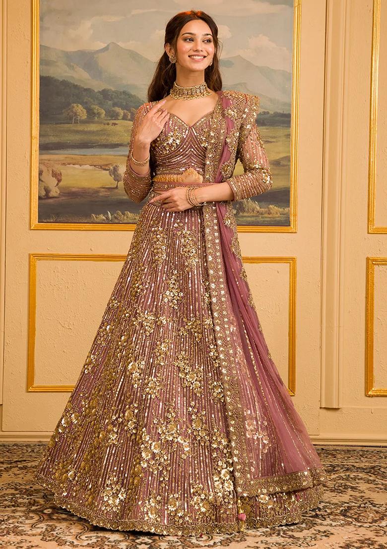 Multi Color Sequence Embroidery Georgette Lehenga Set With Dupatta - Indya