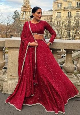 Multi Color Embroidered Chinon Lehenga Set With Dupatta