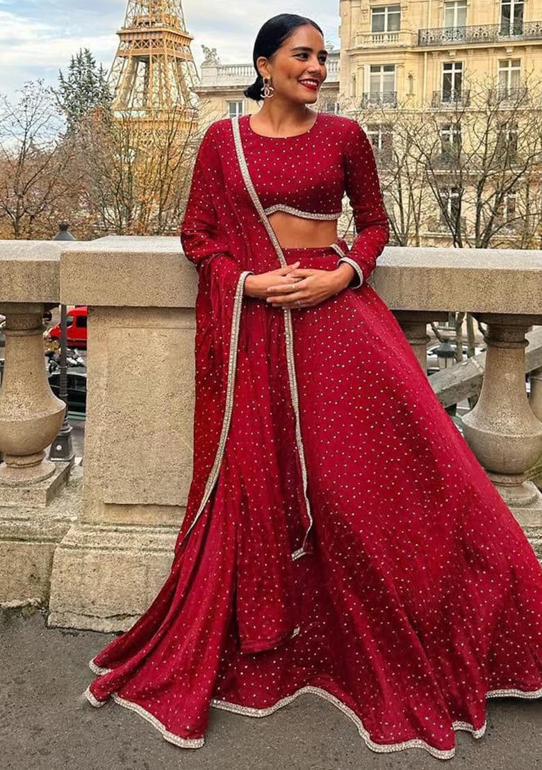 Multi Color Embroidered Chinon Lehenga Set With Dupatta - Indya