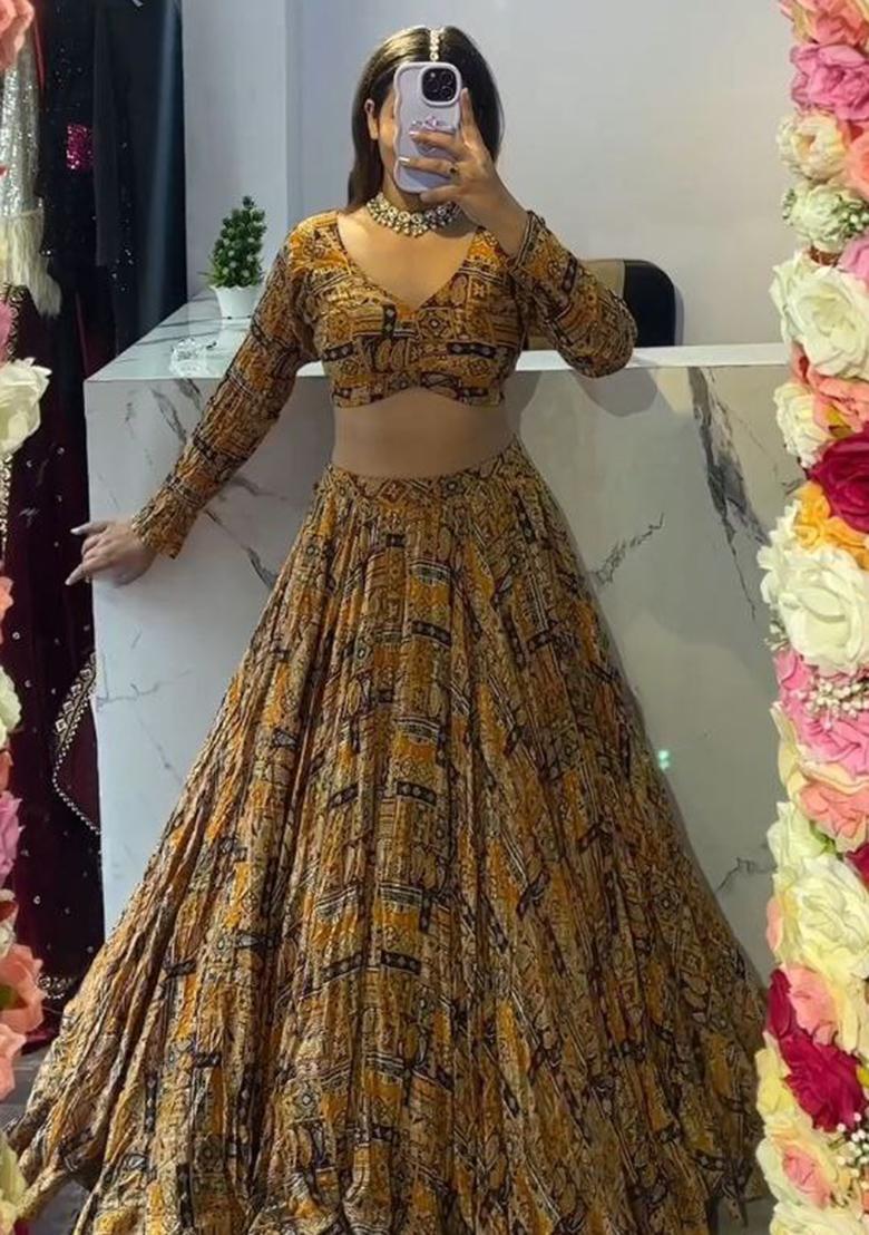 Multi Color Printed Chinon Lehenga Set With Dupatta - Indya