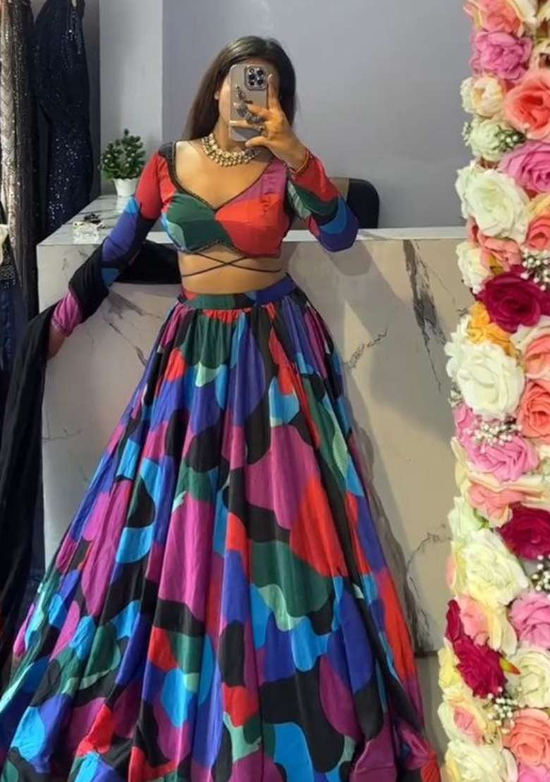 Multi Color Printed Chinon Lehenga Set With Dupatta for Diwali and Festive Wear - Indya