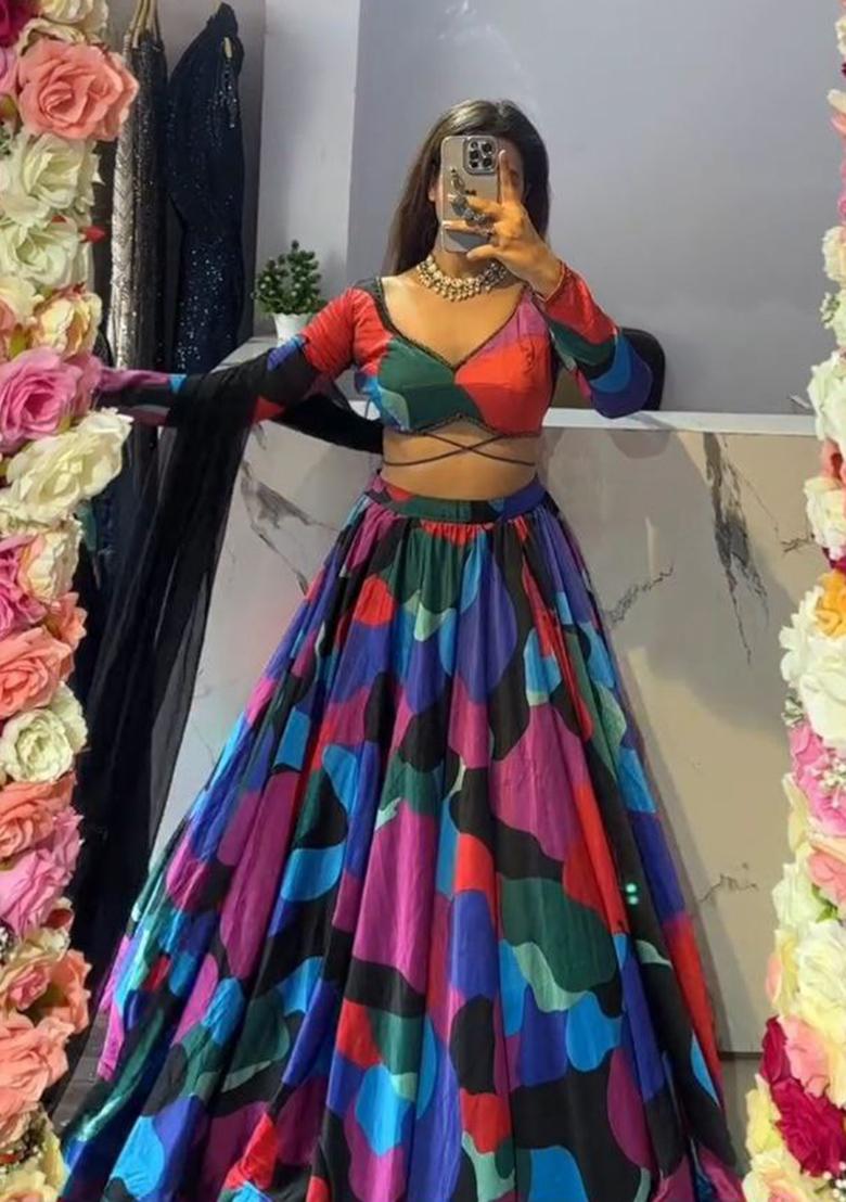 Multi Color Printed Chinon Lehenga Set With Dupatta - Indya