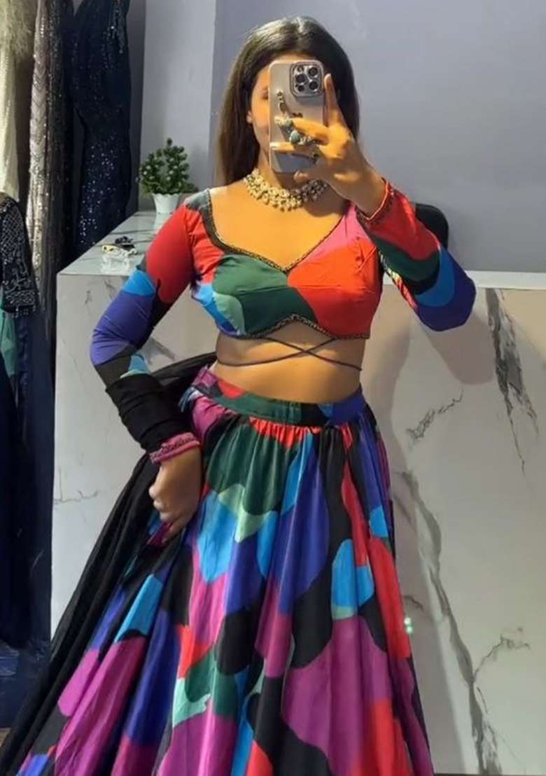 Multi Color Printed Chinon Lehenga Set With Dupatta for Diwali and Festive Wear - Indya