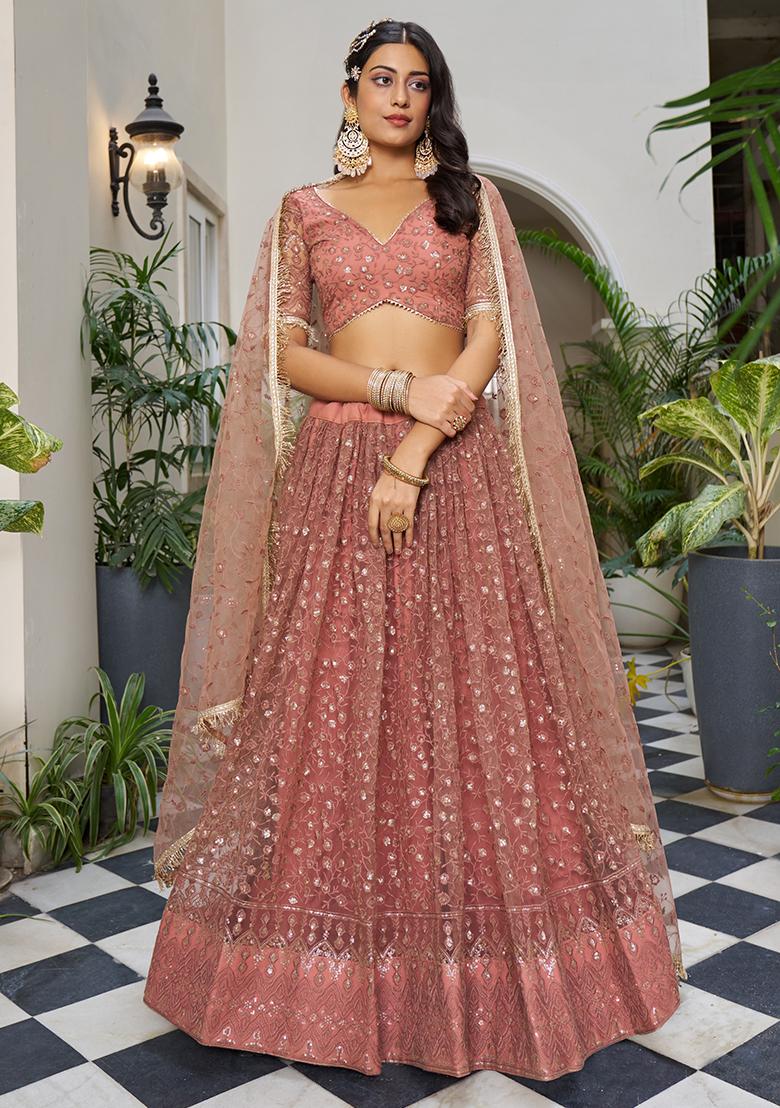 Rust Brown Thread Embroidered Net Lehenga Set