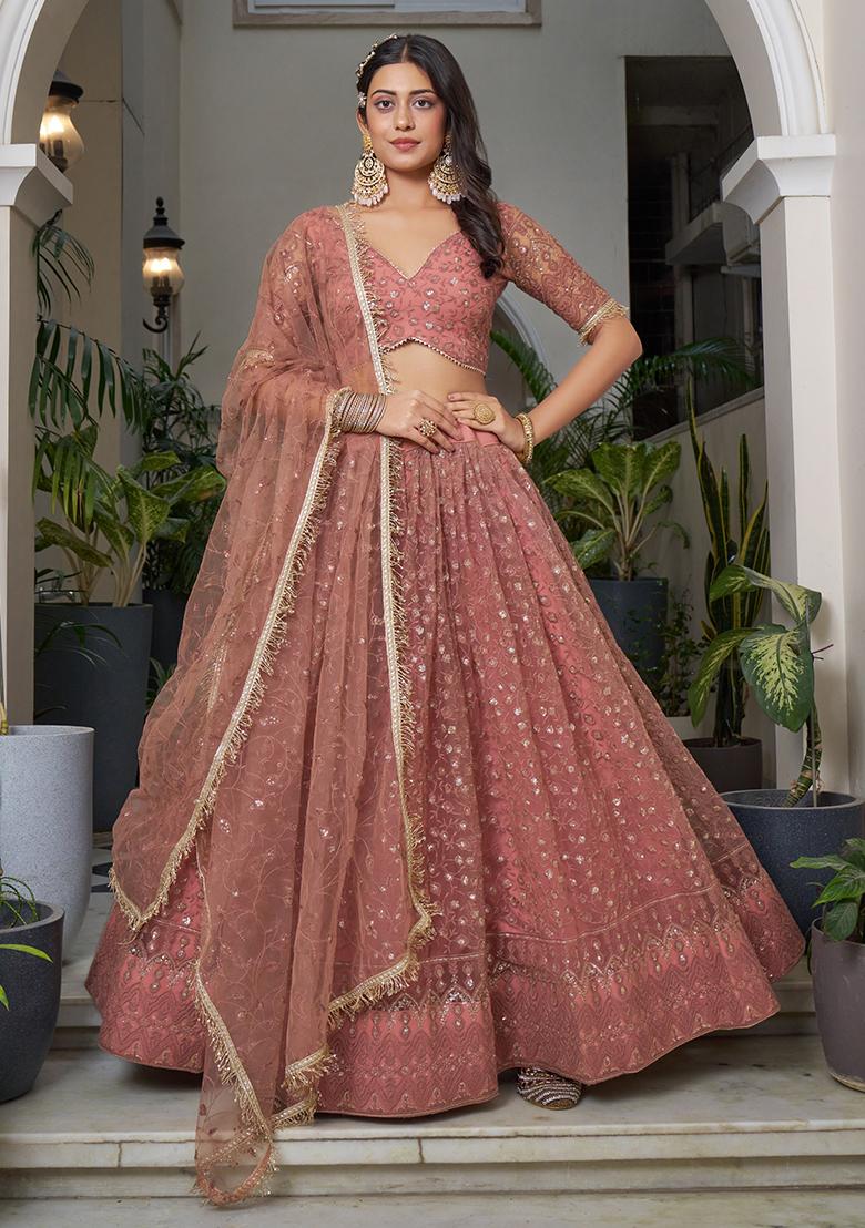 Rust Brown Thread Embroidered Net Lehenga Set