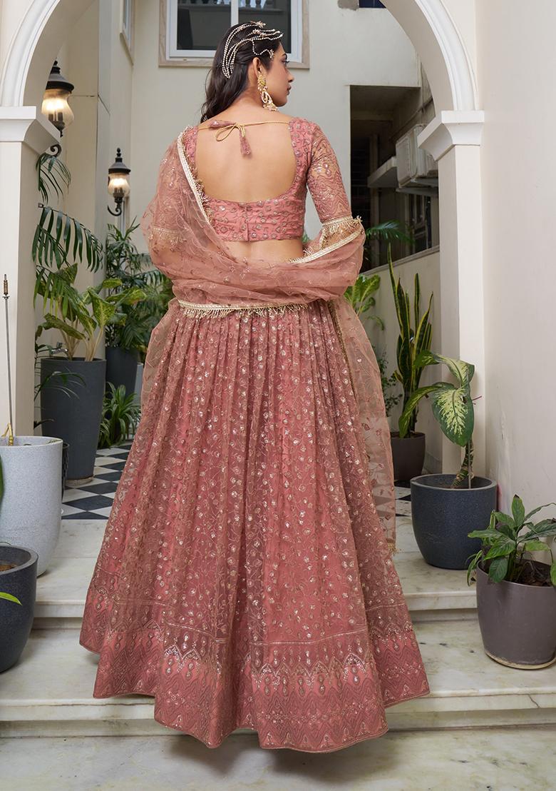 Rust Brown Thread Embroidered Net Lehenga Set